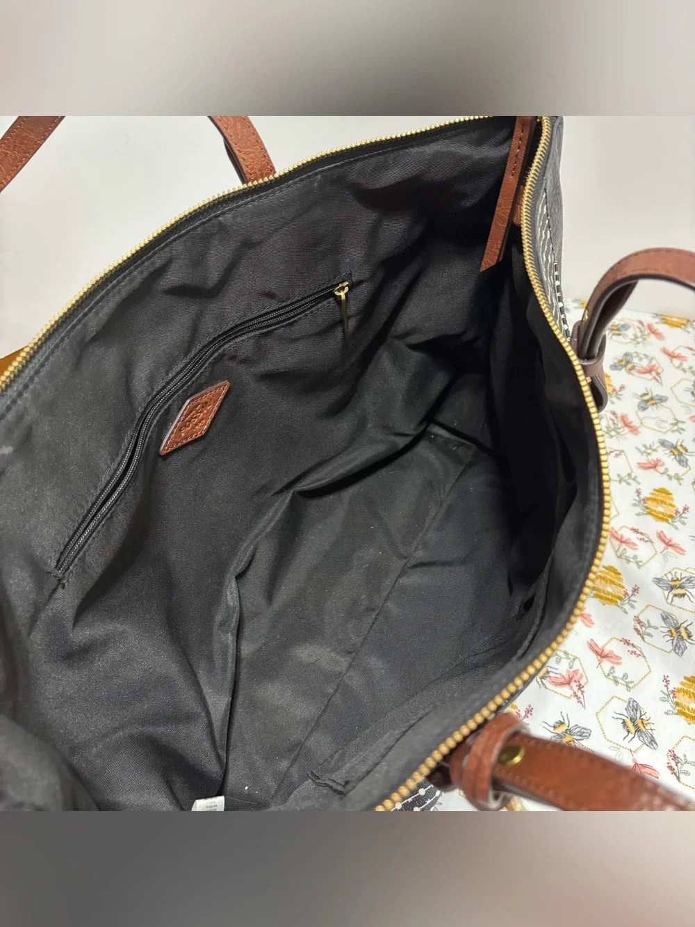 Fossil Black & White Dot-Striped Tote with Brown Leather Handles